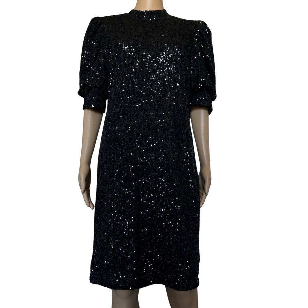 Joie Women's Sequin Puff Sleeve Back Zip Size Large Black Cocktail Evening Dress